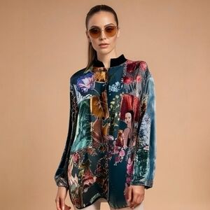 VNTG Women Blouse Black Multicolor Burnout Velvet Shirt Button Front Silk Blazer